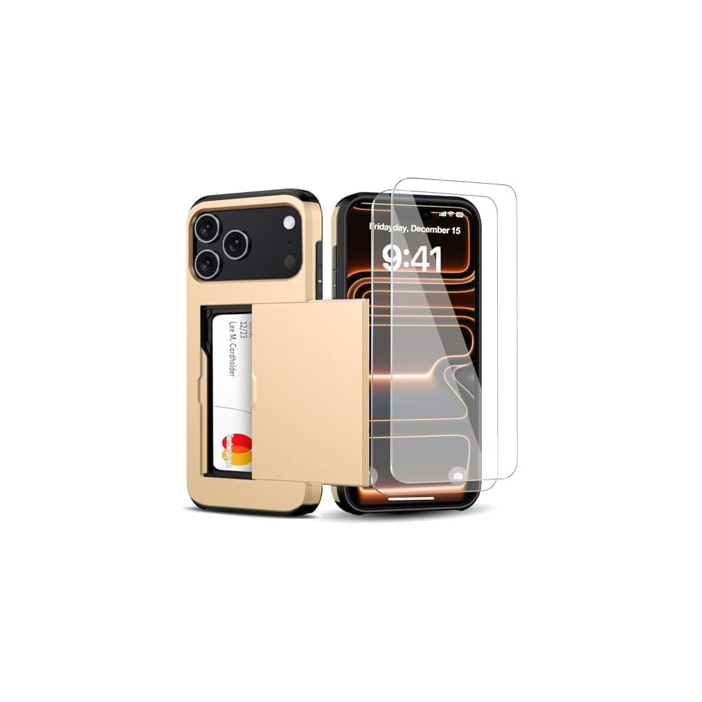Iphone 17 Pro Wallet Case With Card Holder + 2 Tempered Glass Protectors Â Slim, Shockproof, Hidden Slot, (6.3Â³), Compatible With Iphone 17 Gold 9027700091719