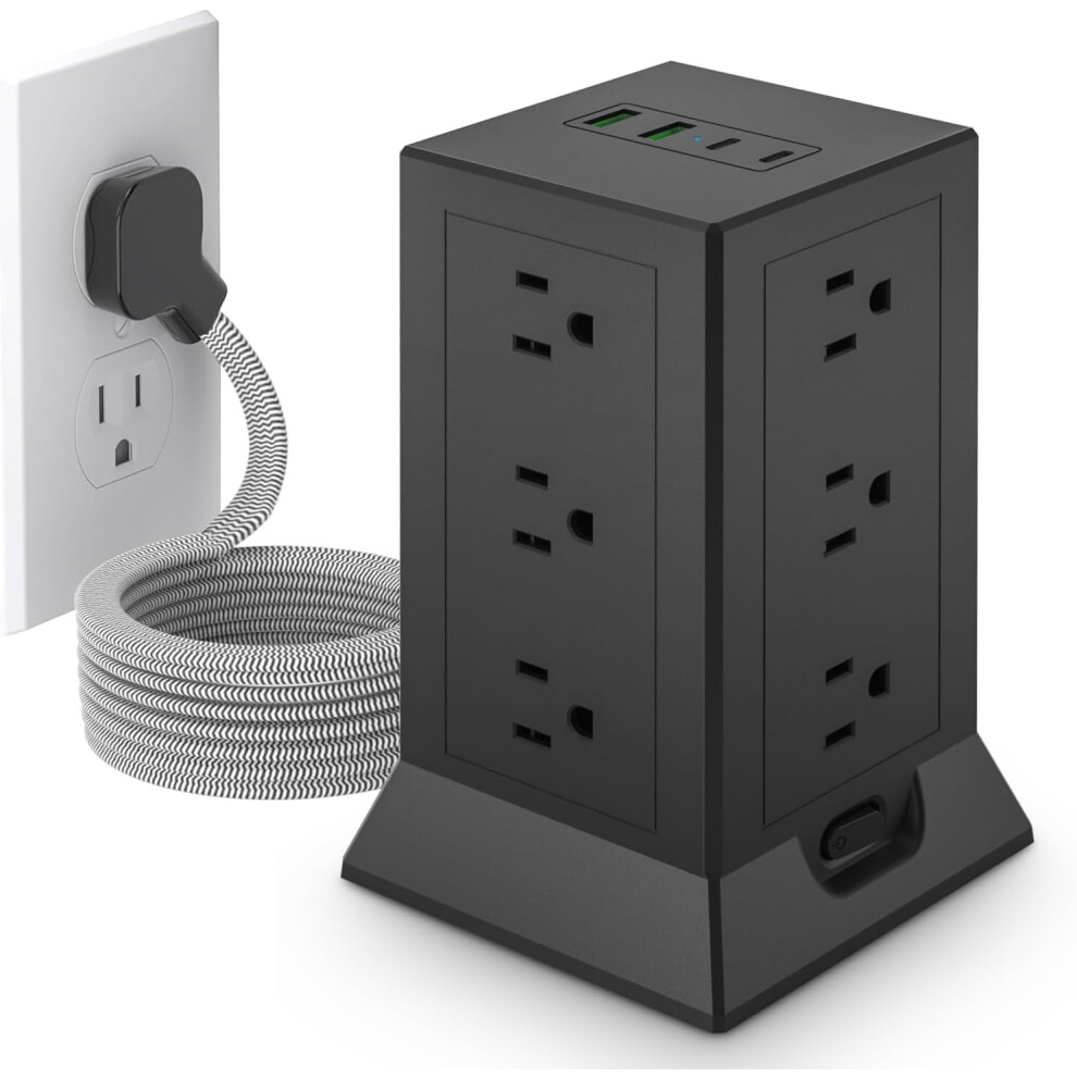 Power Strip Tower: 12 Ac Outlets + 4 Usb (2Xc), 10Ft Flat Cord, Surge Protector With Individual Switches, Compatible With Us Outlets, Black 9027700550230
