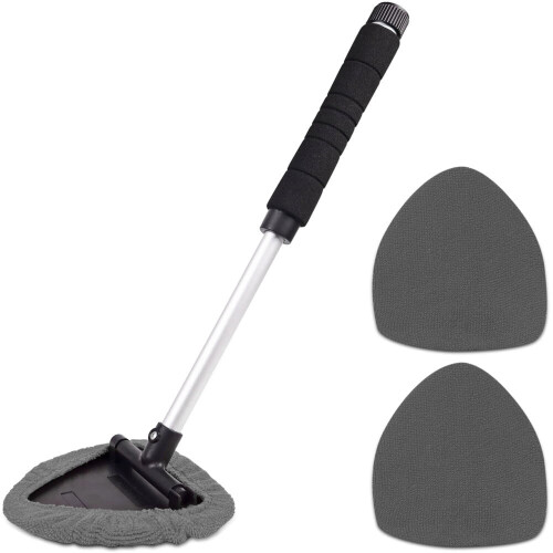 Windshield Cleaner Tool with Handle, Pivoting Triangular Head & 3 Washable Microfiber Bonnets – Compatible with Car & Home Interior/Exterior
