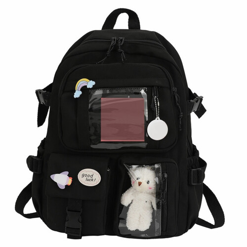 Solid Color Backpack School Bag With Cute Hanging Ornament with Multiple Styles Student,Work,Daily Use