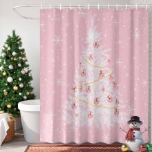 Jouluinen vaaleanpunainen suihkuverho, 152 cm x 183 cm, valkoinen joulukuusikuvioinen talvilumihiutalekuvioinen vedenpitävä kylpyhuoneen verho,