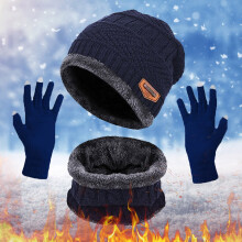 Winter Sports Hat Scarf Gloves Set, Men's & Women's Fleece Lined Slouchy Beanie, 3-Piece Knit Set, Casual Cold Weather Accessories Navy