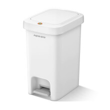 The ultra-thin bathroom trash can has a soft closing lid, a pop-up lid and a foot pedal