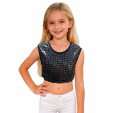 AWZXDE Girls Square Glitter Print Crop Top Sleeveless Tank For Party Performance Casual Wear And Kids Tops Apparel Black,140
