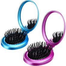 ACDANC 2-Pack Folding Travel Mirror Hair Brushes, Round Pocket Hair Brush & Mini Comb, Compact Hair Massage Comb for Women/Girls (Black)