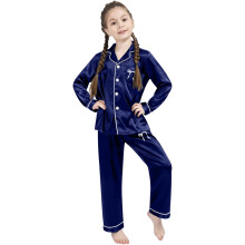 Long Sleeve Pants Set Girls Two Piece Outfits Silk Satin Bow Print Button Down Collared Shirts Girl Home Clothes Kids 3-14 Years Leisure Outfit
