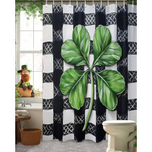 Duschvorhang zum St. Patrick's Day, 122 x 183 cm, Grün-Kleeblatt-Schwarz-Weiß-Karo, wasserdicht, waschbar, mit 12 Haken
