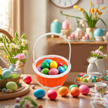 Cesti di Pasqua Cesto portaoggetti rotondo in plastica dai colori vivaci con manico superiore incrociato, design semplice, contenitore pratico per