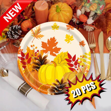 18 cm runde gresskar-pappistallerkener med Thanksgiving-motiv, kraftige engangstallerkener med lønneblader til høstinnhøsting, festutstyr til