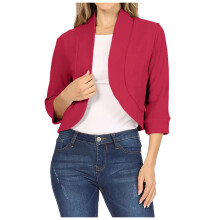 Womens Cropped Blazer 3/4 Ruched Sleeve Collarless Blazers Open Front Casual Work Office Cardigan Suit Jacket Red, XXL