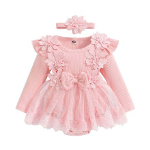 Girls Bodysuits For Baby Girl Clothes Long Sleeve Floral Romper Lace Trim Patchwork Bodysuits Dress With Headband 2PCS Set Trendy One-Pieces
