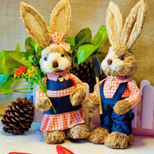 2Pcs Straw Rabbit Figurines Home Decorations, 13.8" Standing Rustic Style Easter Bunny Desk Ornamnets, Easter Gifts for Holiday