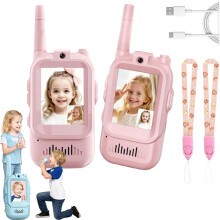 Videowalkietalkies voor kinderen, 2 stuks, oplaadbaar, met HD-camera en stemvervormer, speelgoed met groot bereik voor binnen en buiten (roze)