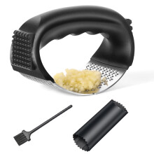 Stainless Steel Garlic Press Rocker with Silicone Peeler, Ergonomic Design, Includes Brush – Compatible with All Garlic Sizes