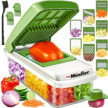 9-Blade Vegetable Chopper with Container, Mandoline Slicer, Cheese Grater & Onion Cutter – White Sand/Green, compatible with kitchen essentials