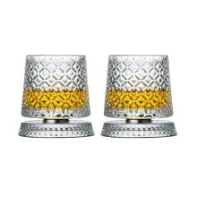 Pekkaxy Rotating Whiskey Glasses Set of 2, 360 Spin Clear Glass Tumblers for Spirits, Elegant Non-Tip Bar Drinking Glass with Textured Patterns