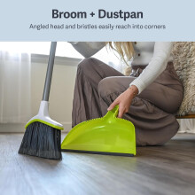 Basics 2-Piece Angled Broom & Dustpan Set 44" Long Handle Silver/Green for Home Office Cleaning