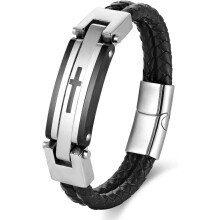 Armbånd i rustfrit stål med kryds og sort læder