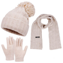 Women's Pom Pom Beanie Set with Fleece-Lined Hat, Knit Scarf & Gloves – 3-Piece Solid Beige Winter Ski Accessories Gift Set