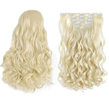 Extensiones de cabello rubio platino ondulado con clip, 5 piezas, 45 cm, rizadas sintéticas, gruesas y naturales, ideales para Halloween y uso