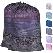Heavy Duty Mesh Laundry Bags 24x36" – 2 Pack with ID Tag & Locking Drawstring, Washable Liner for Travel, Sports, Dorms (Black)