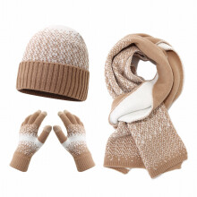 Winter Knit Set, Color Block Cuffed Beanie, Fleece Lined Hat, Matching Scarf & Gloves, 3-Piece Men's & Women's Set, Winter Outdoor Set Khaki
