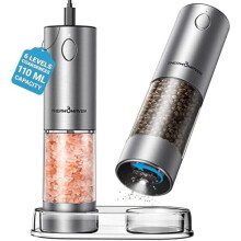 Upgraded 110ml Electric Salt & Pepper Grinder Set, Rechargeable with LED Light, Stainless Steel, 6-Setting Adjustable, Compatible with AAA Batteries
