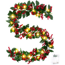 Guirlanda de Natal realista de 1,7 m com azevinho e frutos vermelhos – Ideal para lareira, mesa, escadas, árvore e decoração de interiores e