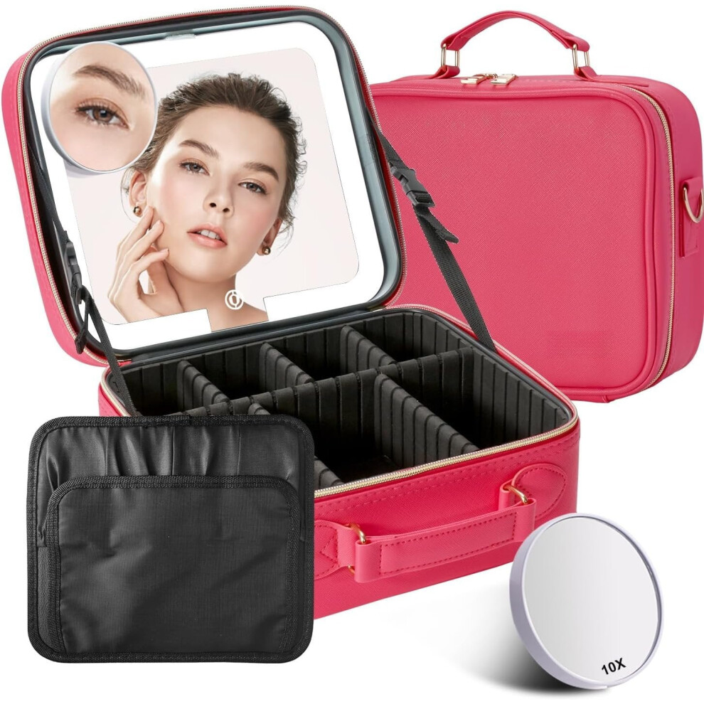 LED Travel Makeup Bag with 3-Color Mirror 10x Magnifier Red