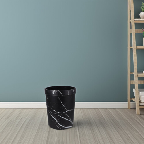 Minkissy Marble Design Black Plastic Under Desk Trash Can, Space-Saving Office Waste Bin, 1 Piece