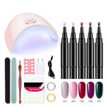 Nail Pen, Professional Nail Pen Set with U V Light, 3 in 1 Quick Dry Polish Pens for Women, Easy Gel Nails Polish Pens for Nails Art (5 Colors)
