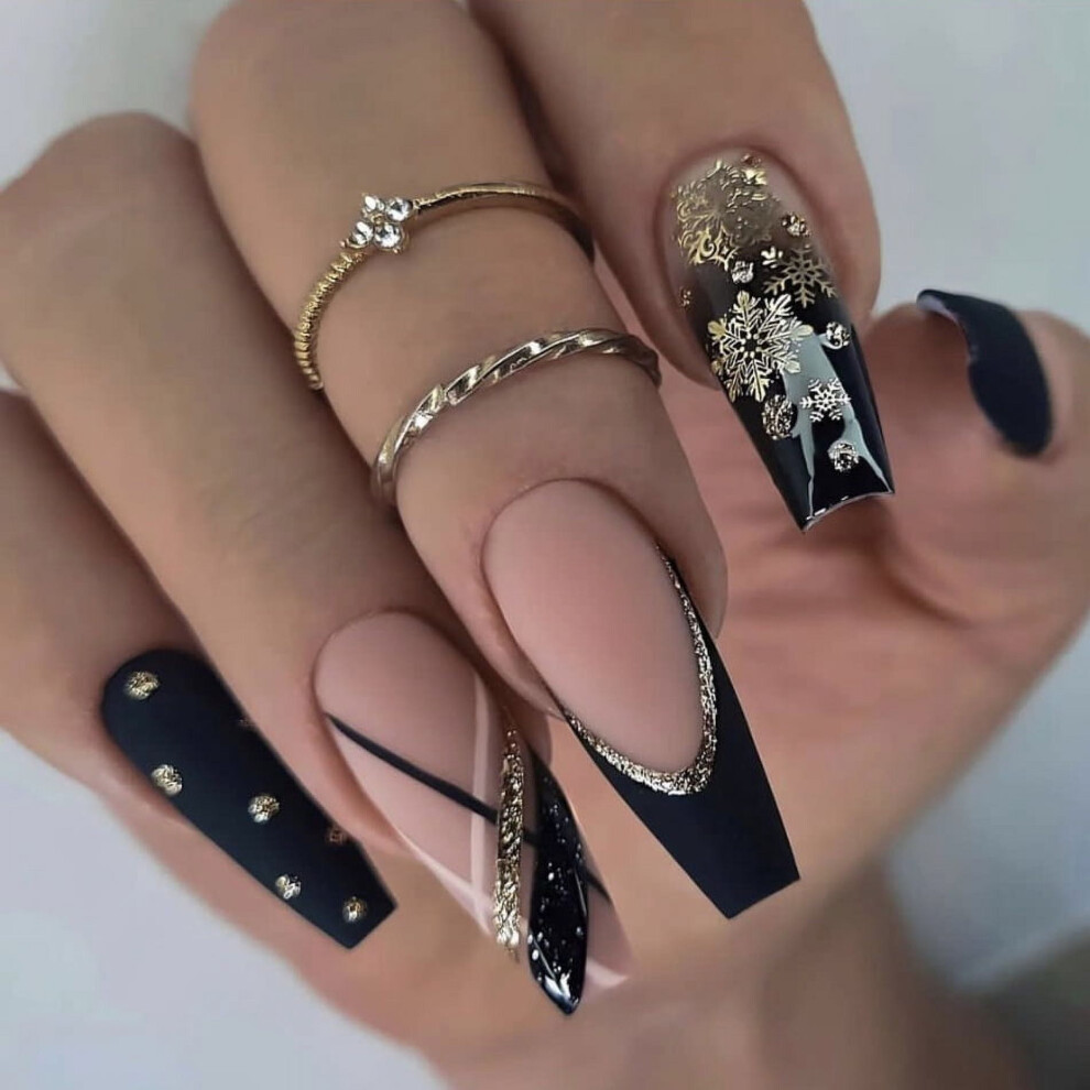 24PCS Christmas Long Coffin False Nails, Press-on Nails with Rhinestones Glitter Design, Xmas Decor for Women