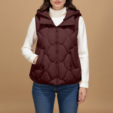Women's Quilted Long Puffer Vest, Sleeveless Winter Down Waistcoat, Compatible with Cold Weather, Wine L