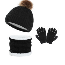 Winter Knit Set, Fleece Lined Cuffed Beanie with Pom Pom, Matching Scarf & Gloves, 3-Piece Thickened Winter Set, Skiing Accessories Black