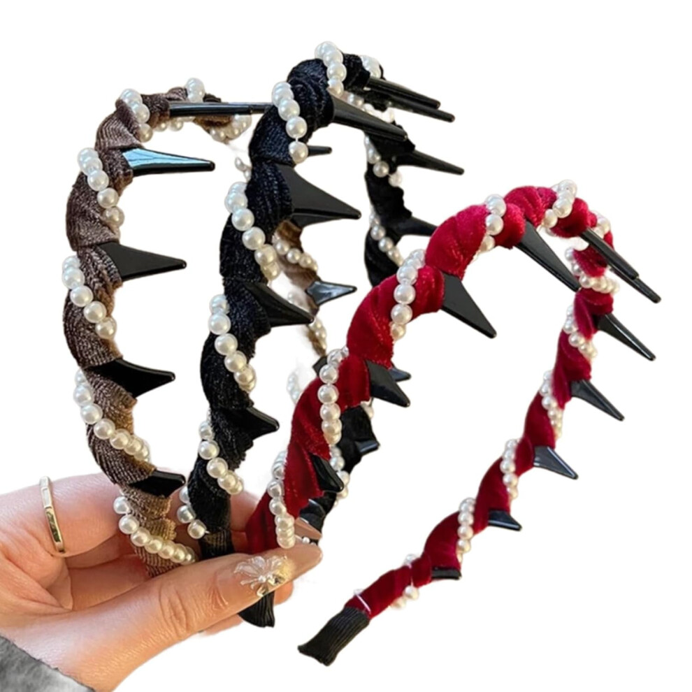 3 PCS Retro Skull Pearl Headband, Vintage Reversible Cranium Band with Teeth, Compatible with Daily Use & Gatherings