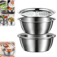3-in-1 Stainless Steel Basin Set with Strainer & Drain Basket, Compatible with Mixing & Serving (10.24 in)