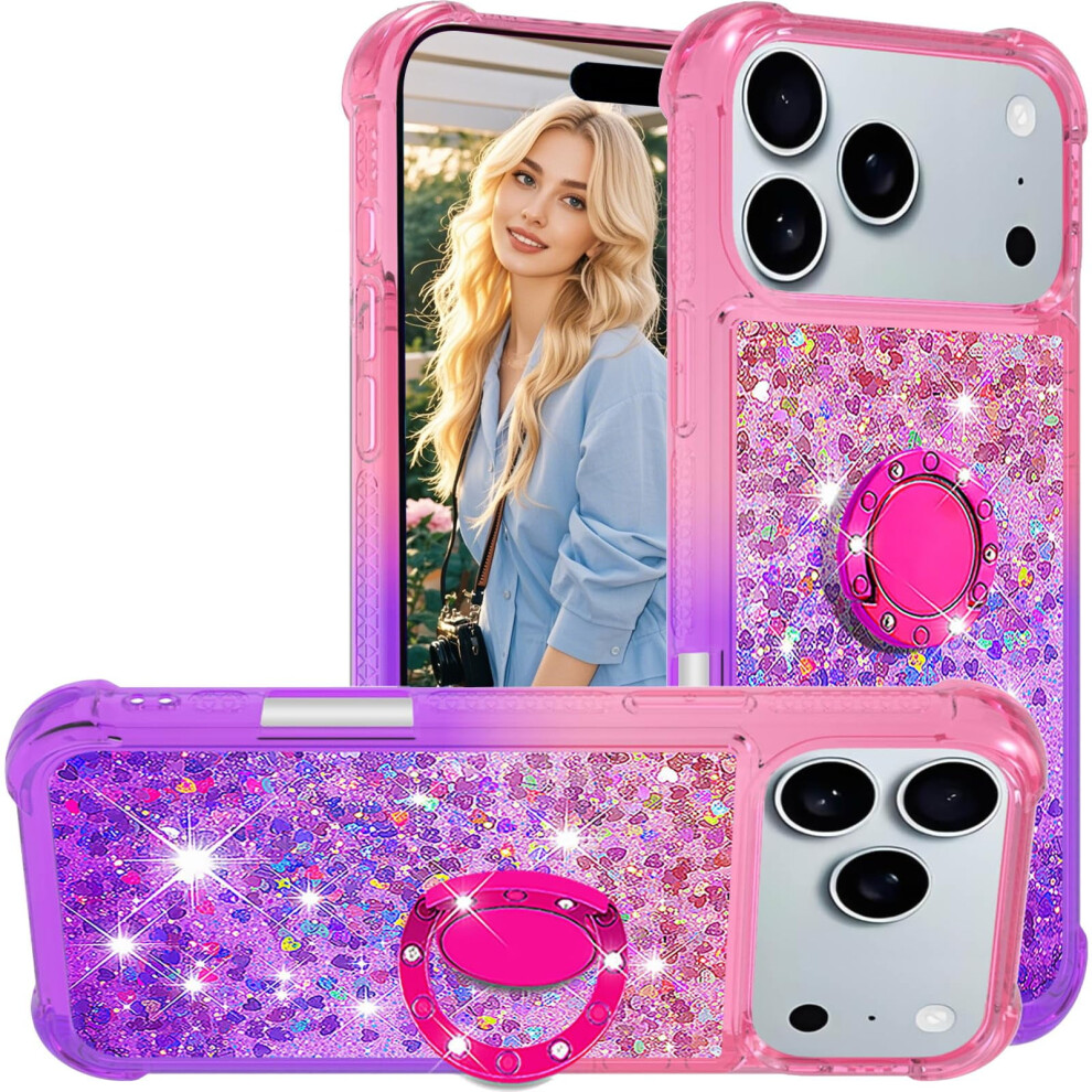 Glitter Iphone 17 Case With Ring Kickstand, Gradient Liquid Bling Heart Floating Sparkle, Soft Tpu Shockproof Cover – Jb-Pink Purple 9377112557175