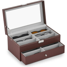 12-Slot Leather Sunglasses Organizer Box with Lockable 2-Tier Display & Drawer, Brown – Compatible with Most Glasses