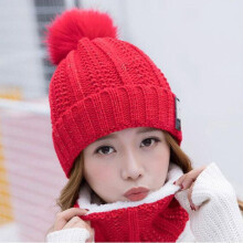 Women's Knit Hat & Scarf Set with Pom Pom Beanie, Fleece-Lined Warm Cap, Winter Scarf for Skiing, Snowboarding—Red