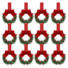 Conjunto de 12 Mini Coroas de Natal para Armários de Cozinha, Coroa Pequena com Fita Vermelha para Decoração de Portas e Janelas, Arranjo Festivo