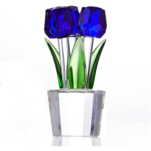 Qianwei Crystal Tulip Figurine with Vase – Blue Glass Flower Bouquet, Collectible Decor & Paperweight, Compatible with Home/Office, Tulip Gifts for