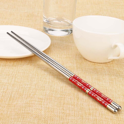 1 ζευγάρι μακρύ ζευγάρι chopsticks από ανοξείδωτο ατσάλι με λευκό σχέδιο λουλουδιών,