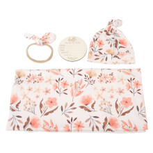 Ensemble de 4 langes pour bébé à motif floral avec bandeau, respirant, doux, plaque de mois en bois de 10 cm