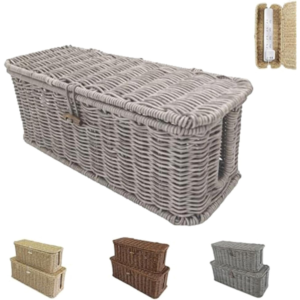 Handwoven Rattan Cable Management Box Â Ventilated Cord Organizer For Power Strips & Chargers, Grey, M 9027700097636