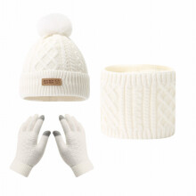 Toddler Winter Hat, Scarf & Mittens Set – 3-Piece Fleece-Lined Pom Pom Beanie for Kids 2-8Y, White