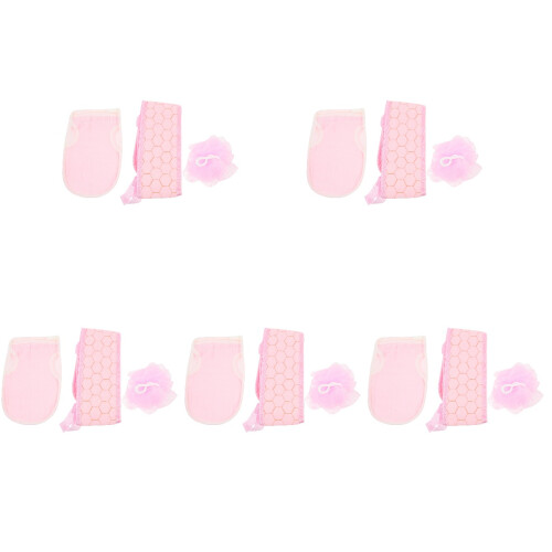 5Sets Compact Pink Exfoliating Back Shower Scrubber with Foam Mesh