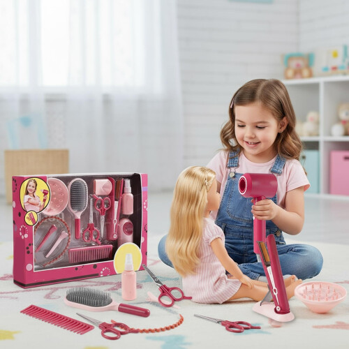 Set da gioco per bambini a tema barbiere con strumenti sonori e luminosi.