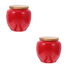 2Pcs Sealed Red Ceramic Tea Canister Bamboo Lid Food Storage Container