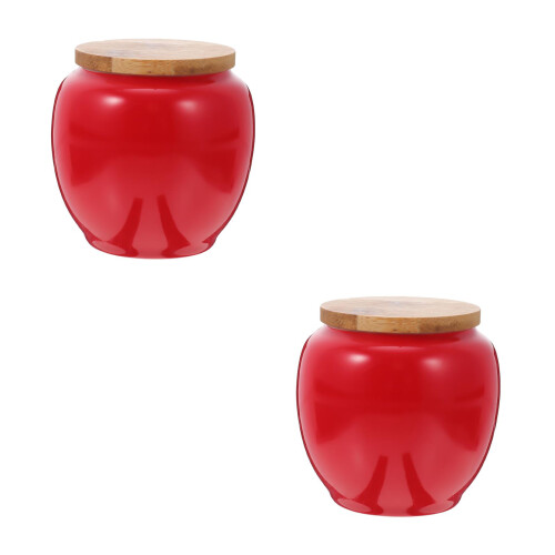 2Pcs Sealed Red Ceramic Tea Canister Bamboo Lid Food Storage Container