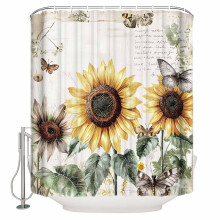 Duschvorhang im amerikanischen Landhausstil, 183 x 183 cm, gelber Sonnenblumen-Schmetterling, wasserdicht, waschbar, inklusive 12 Haken